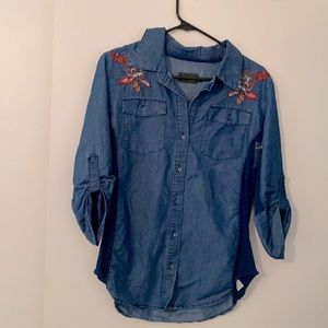 Flower embroidered blue Jean button down
